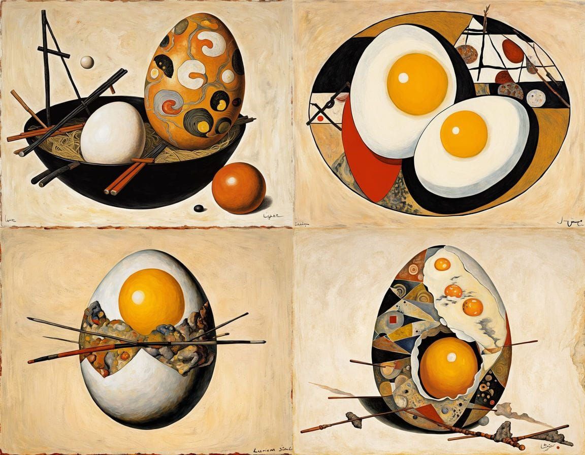 Surreal Oil Painting of Egg Hybrid in Ukiyo-e Style