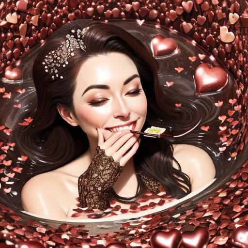 Woman's Blissful Chocolate Bath in Bubbling Hearts