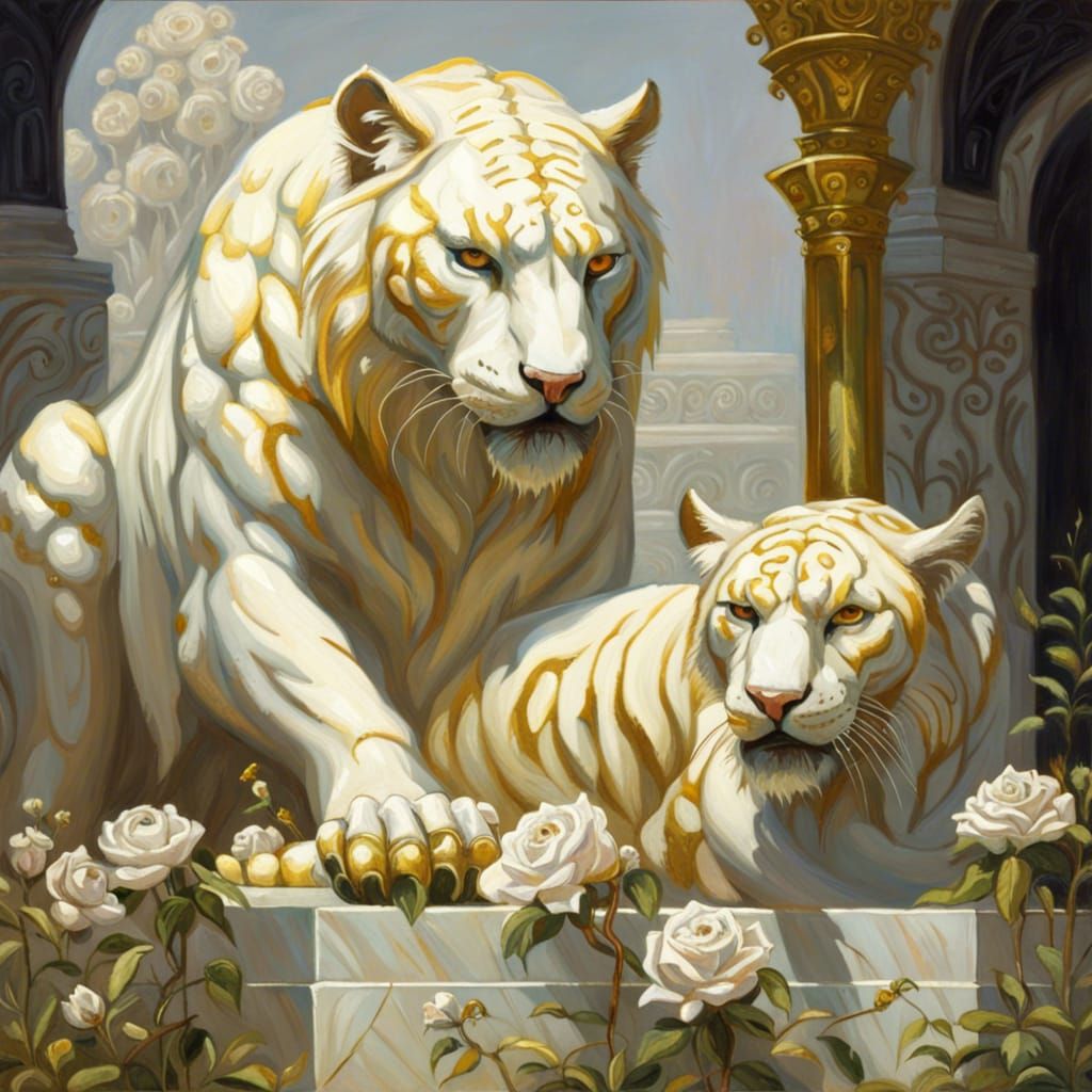 Golden Sabertooth Tiger in Gothic Rose Garden