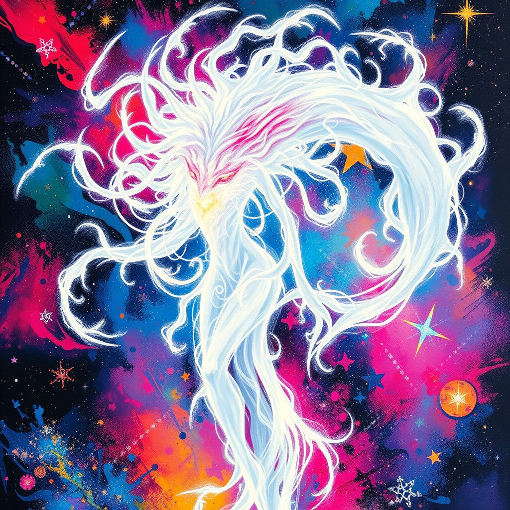 Ethereal white, mystical female creature made entirely from light, standing among a star field background. Hyperrealisti...