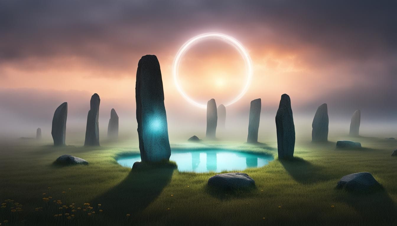 Standing Stones in Misty Field with Magic Pool