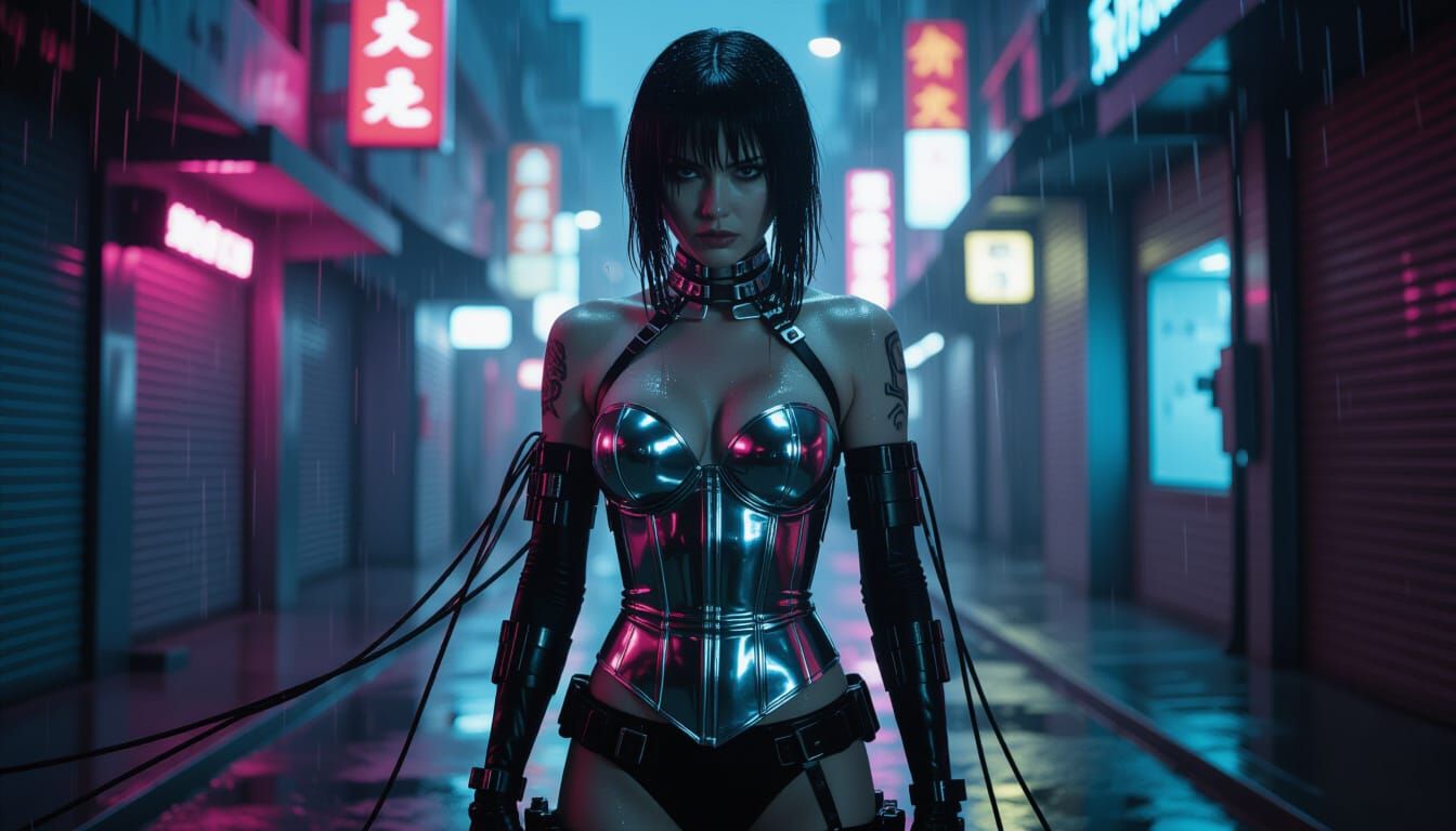 Cyberpunk Woman in Rain-Slicked Alleyway
