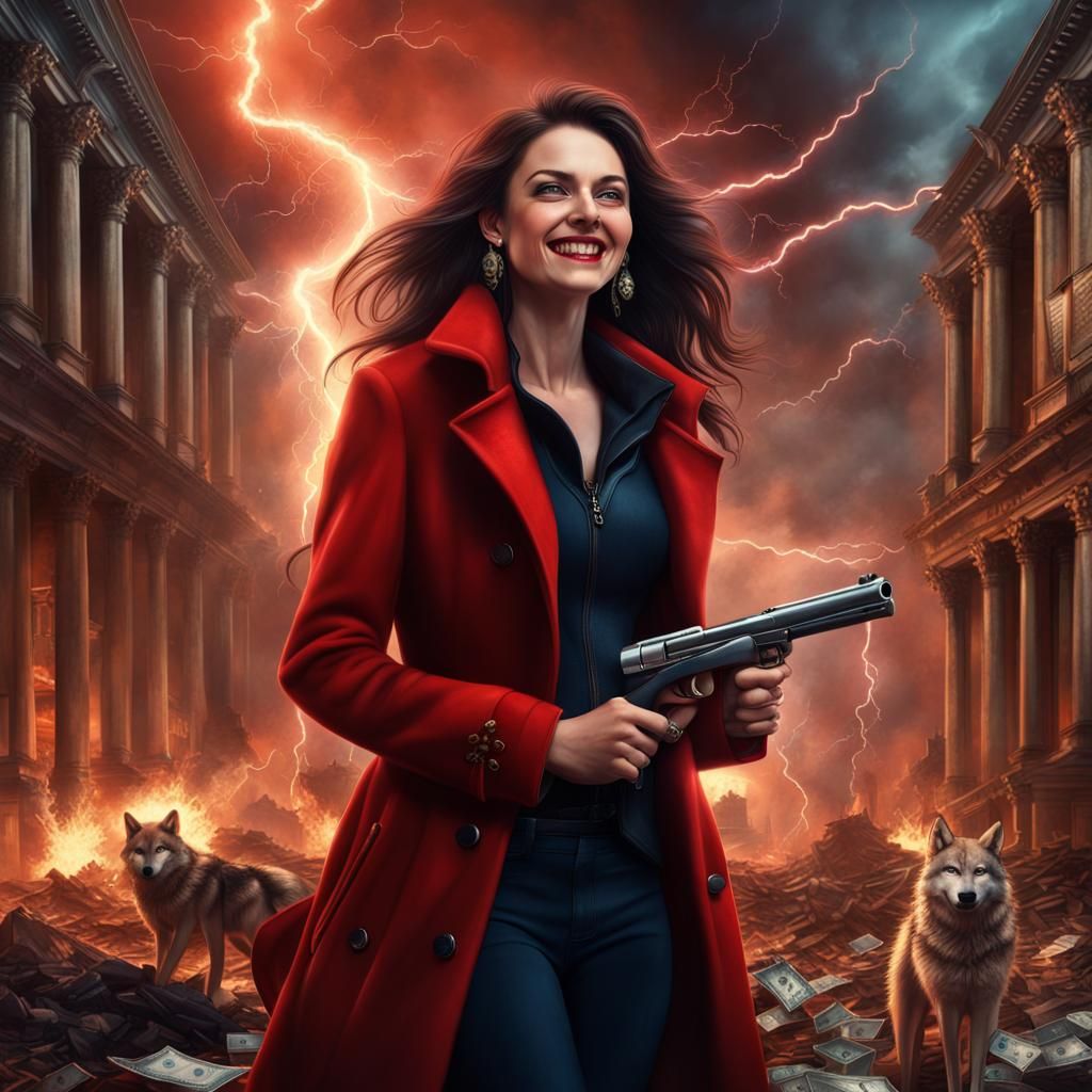 Female Criminal Surrounded by Wolves, Fire and Money