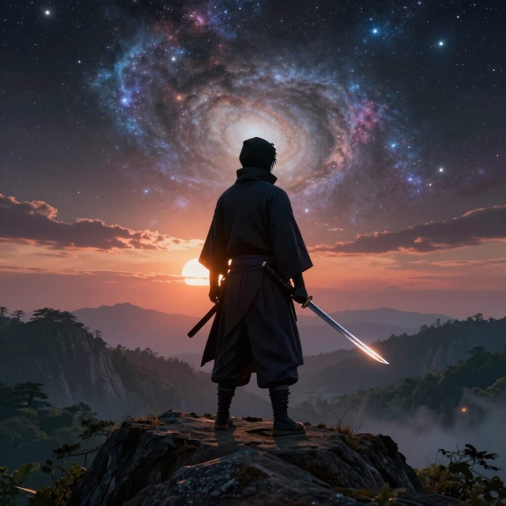 Shinobi on Mountain Peak with Cosmic Nebula Sky