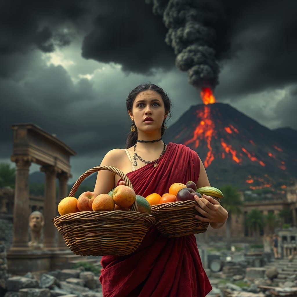 Scared Roman Woman in Pompeii with Volcano