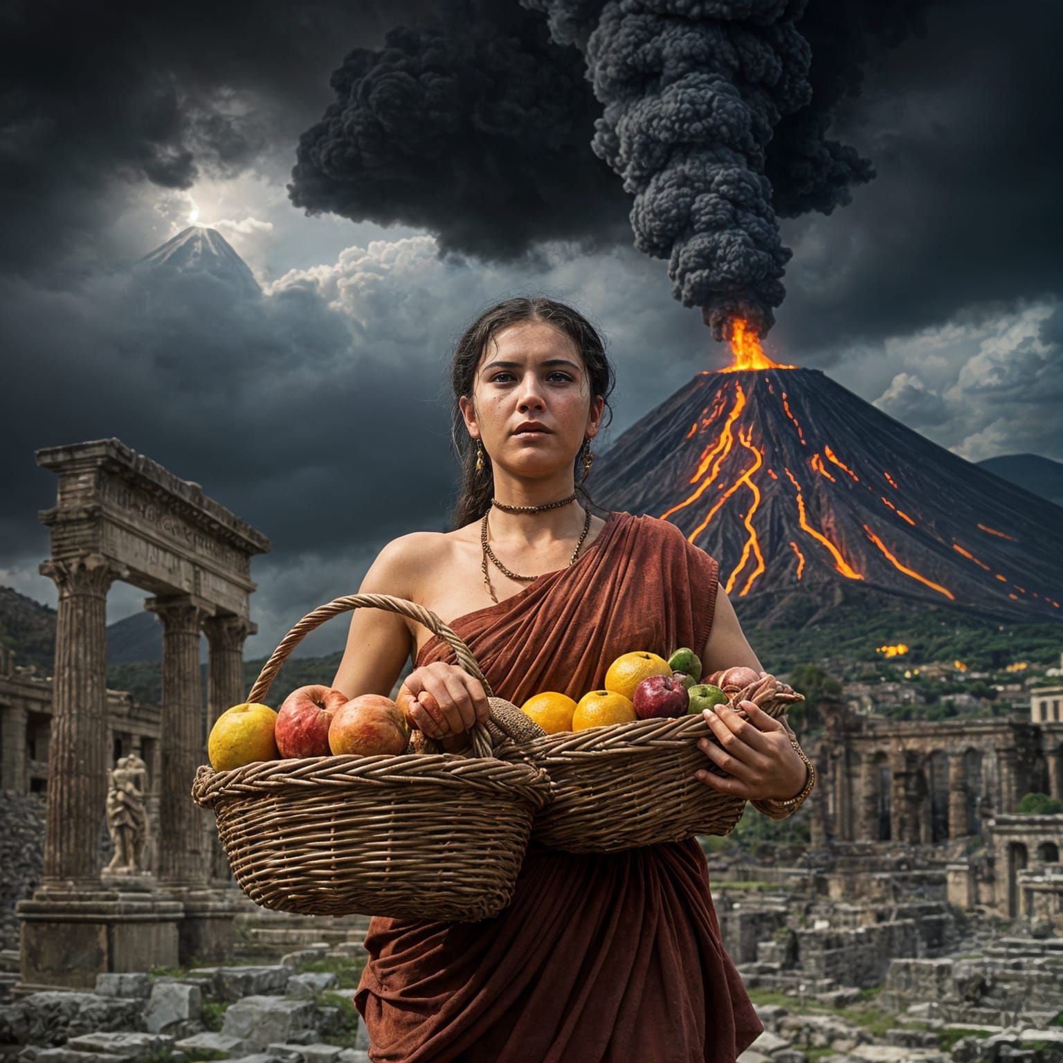 Scared Roman Woman in Pompeii During Eruption