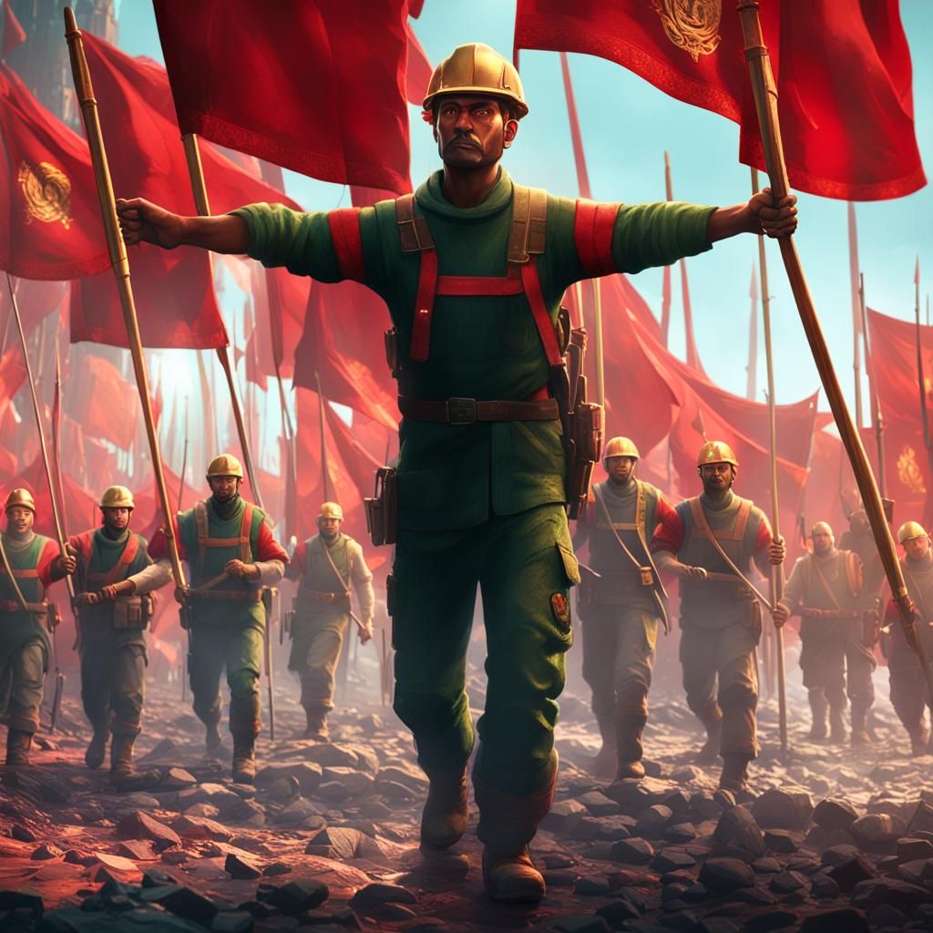 Workers Strike with Red Flags: Fantasy Concept Art