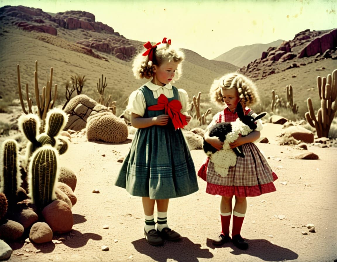 Girl and Rag Doll in Surreal Desert Landscape