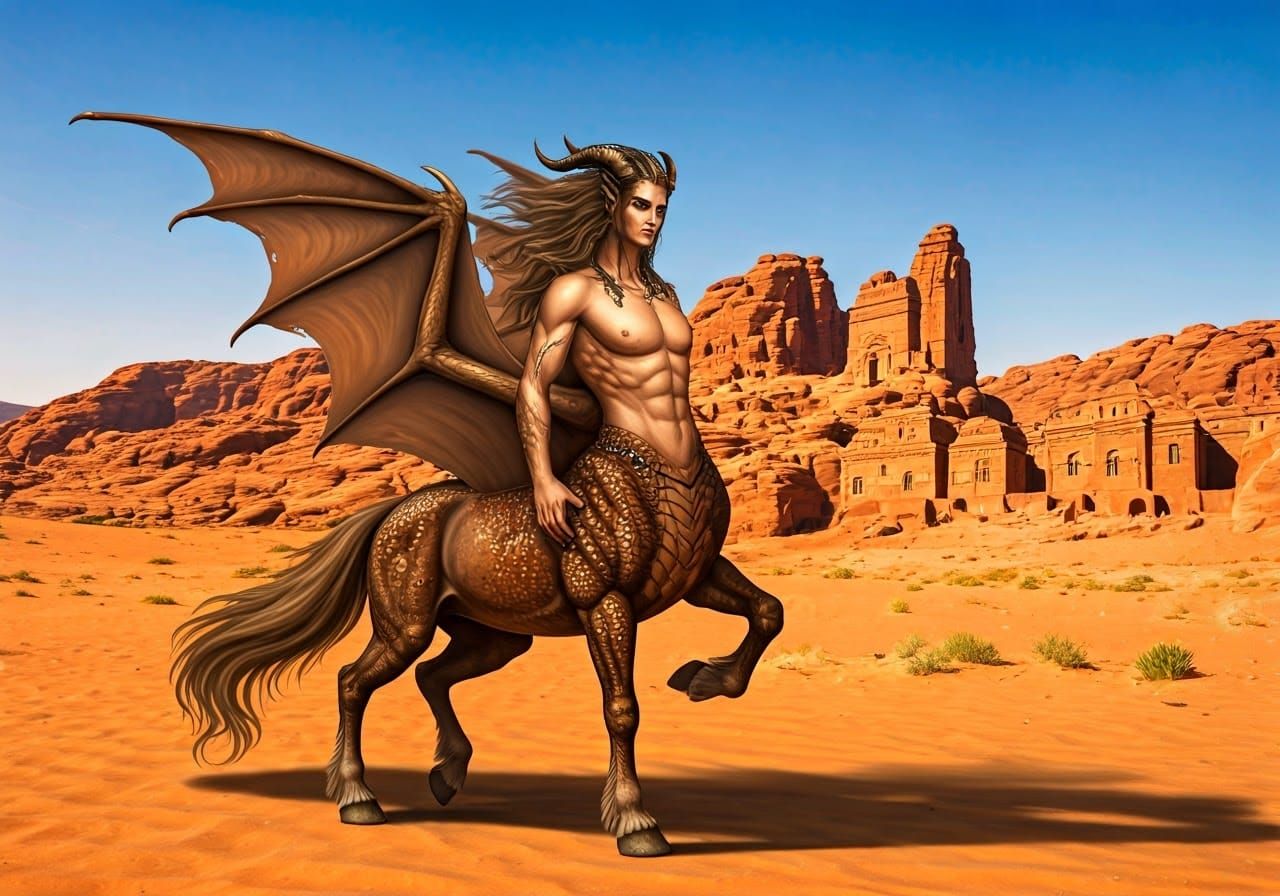 Draconic Centaur in Desert Town: Digital Art
