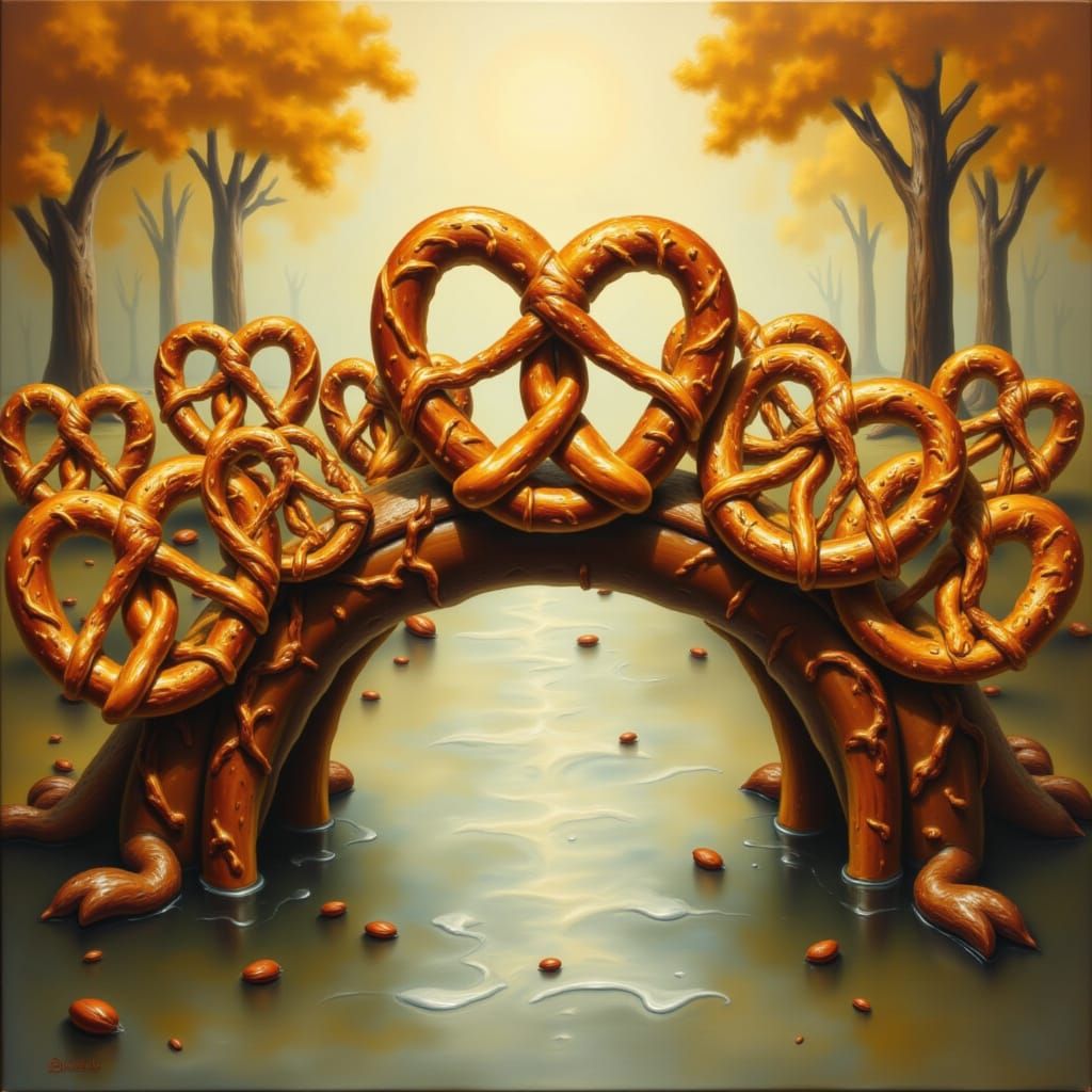 Whimsical Pretzel Bridge Over Sparkling River at Sunset