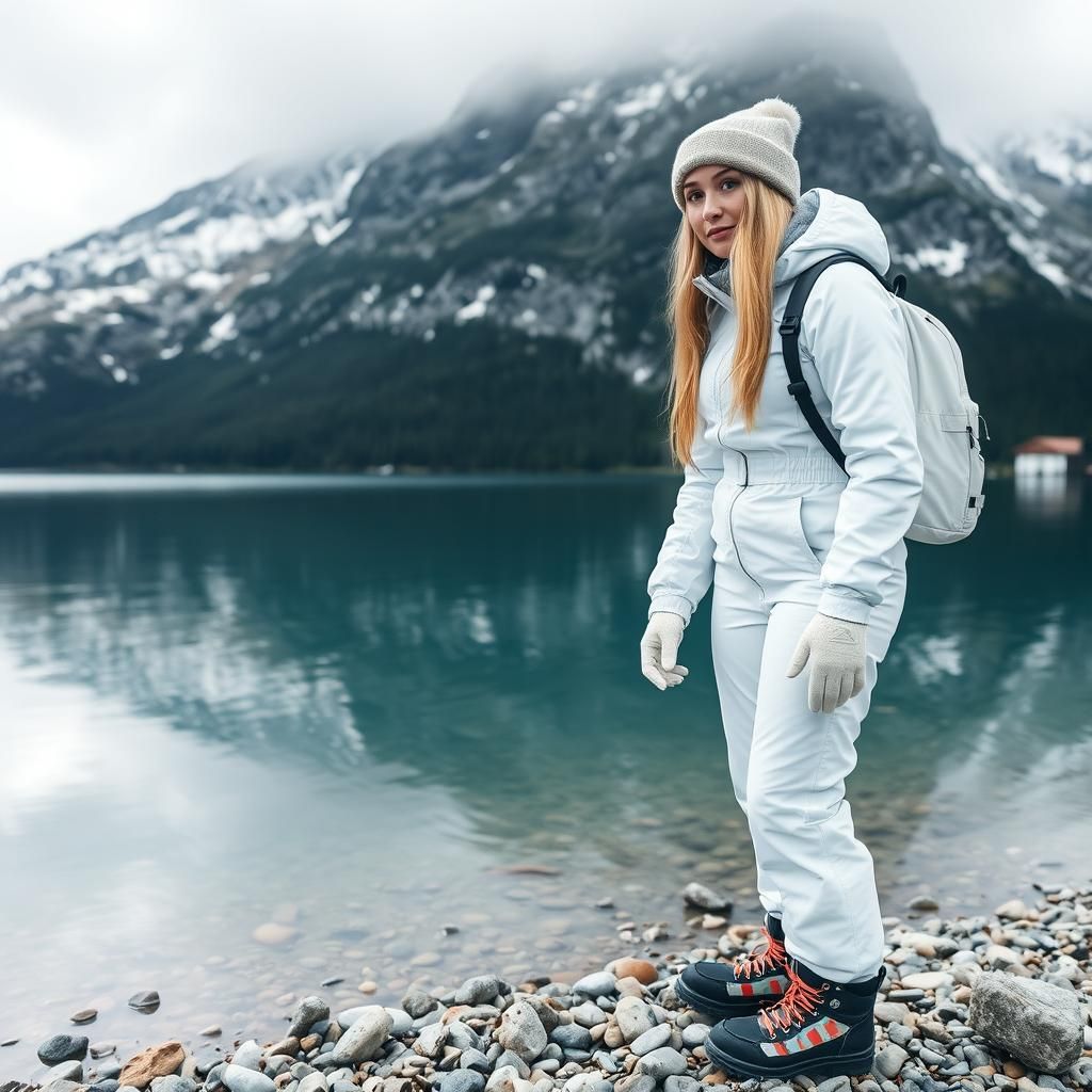 Blonde Skier Beside a Mountain Lake