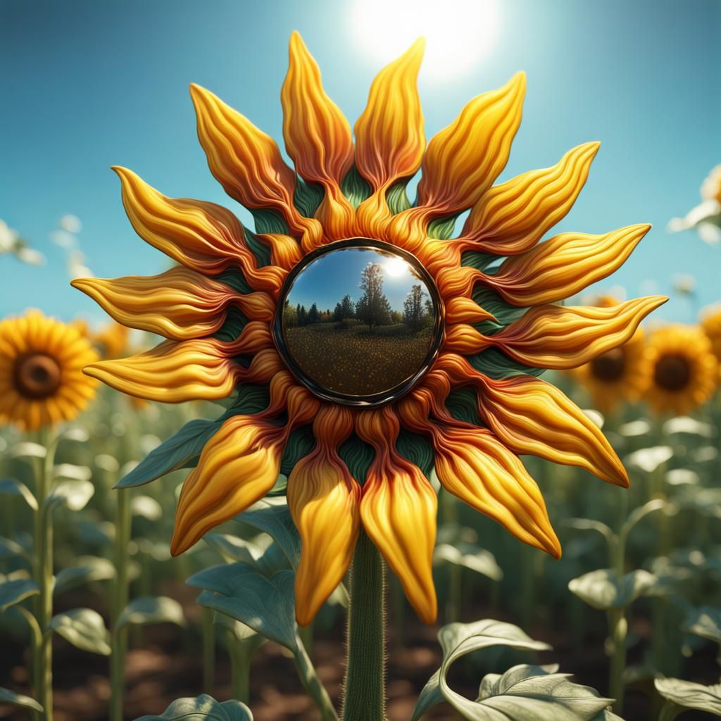 Surreal Metal Sunflower in Cornfield, Ultrarealistic