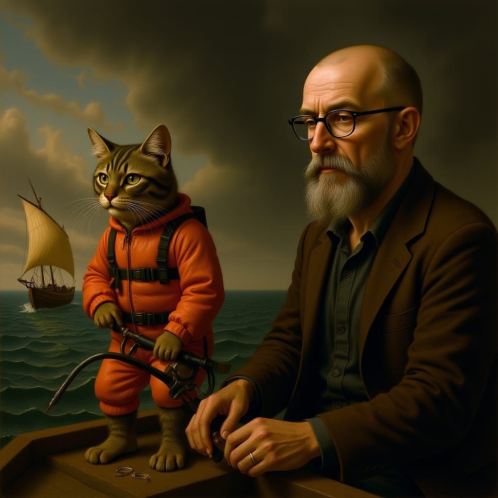 Anthropomorphic Cat Night Fishing: Art Nouveau Renaissance S...