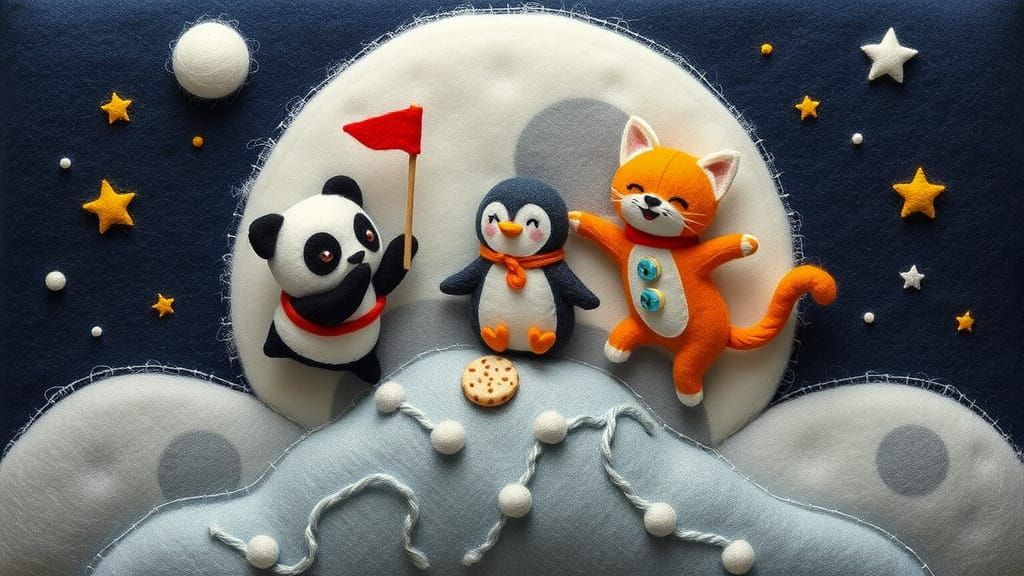 Felted Animal Astronauts Building Moon Base