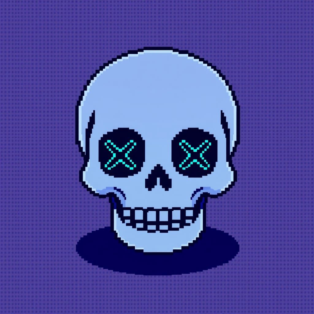 Pixel Art Skull Portrait with Cyan Glow