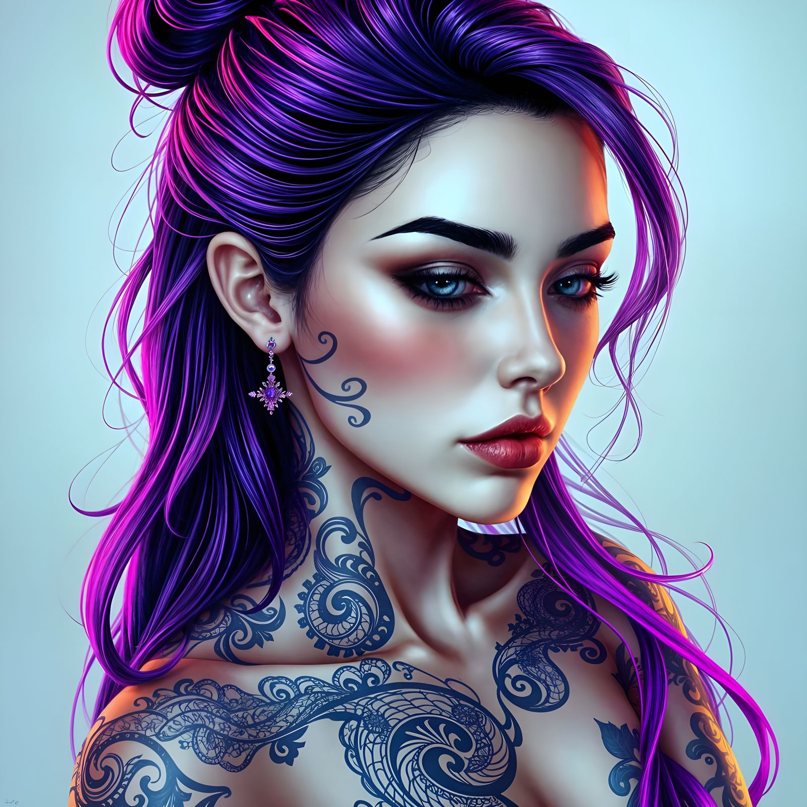 Surreal Digital Portrait of a Woman with Purple Hair and Tat...