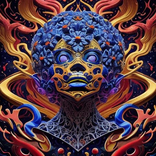 Grotesque Scarlet Face in Mystical Realm: Ethereal Oil Paint...