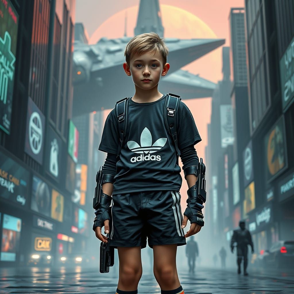 Boy in Cyberpunk Metropolis with Armored Soldier