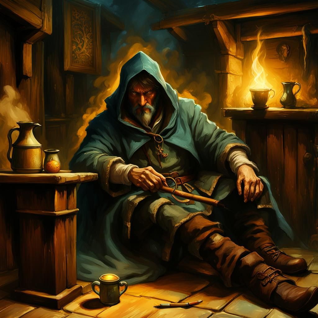 Hooded Man Smoking Pipe in Dim Tavern