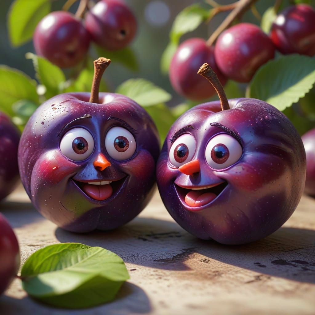 Surreal Plum Friends Bask in Summer Garden