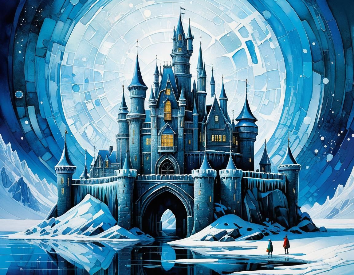 Magical Ice Castle Illustration with Cubist Details