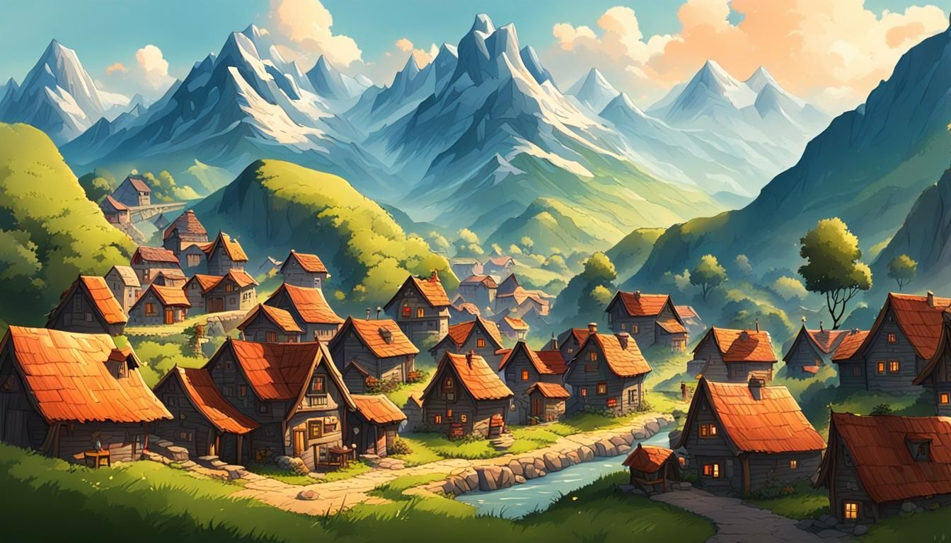 Mountain Village Landscape in Post-Impressionist Style