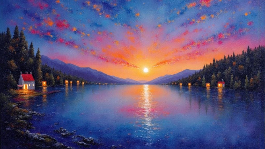 Abstract Alcohol Ink Village Lights Across Lake