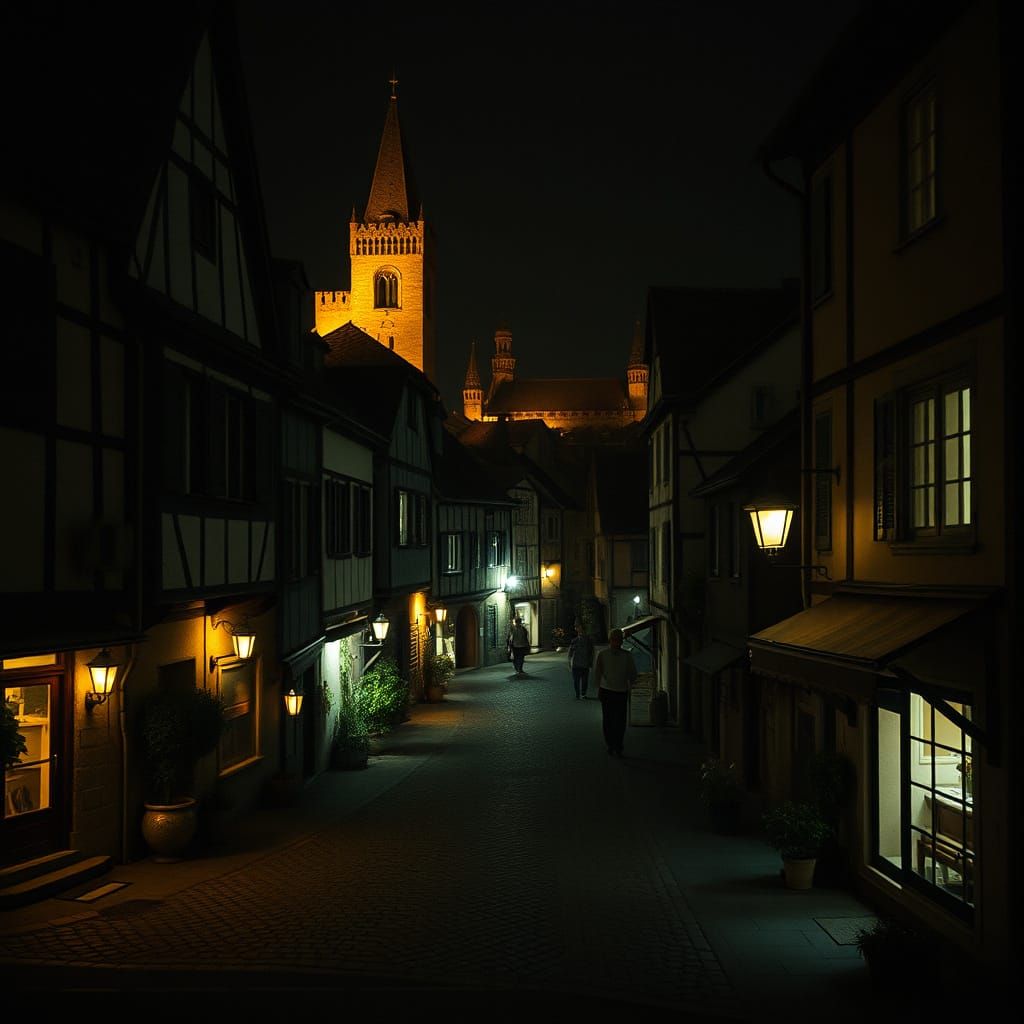 Lively European Village at Night: Cinematic Film Still