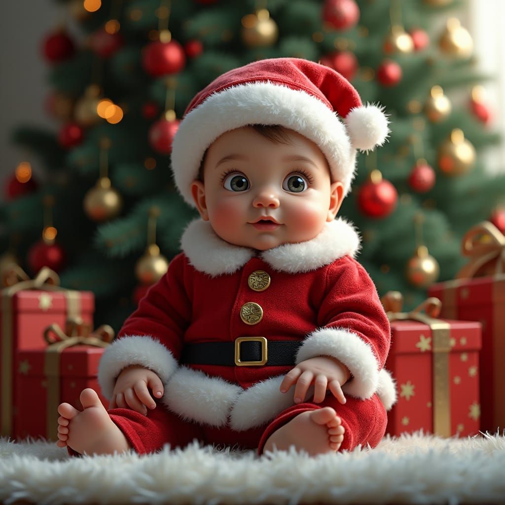 Baby in Santa Suit Under Christmas Tree
