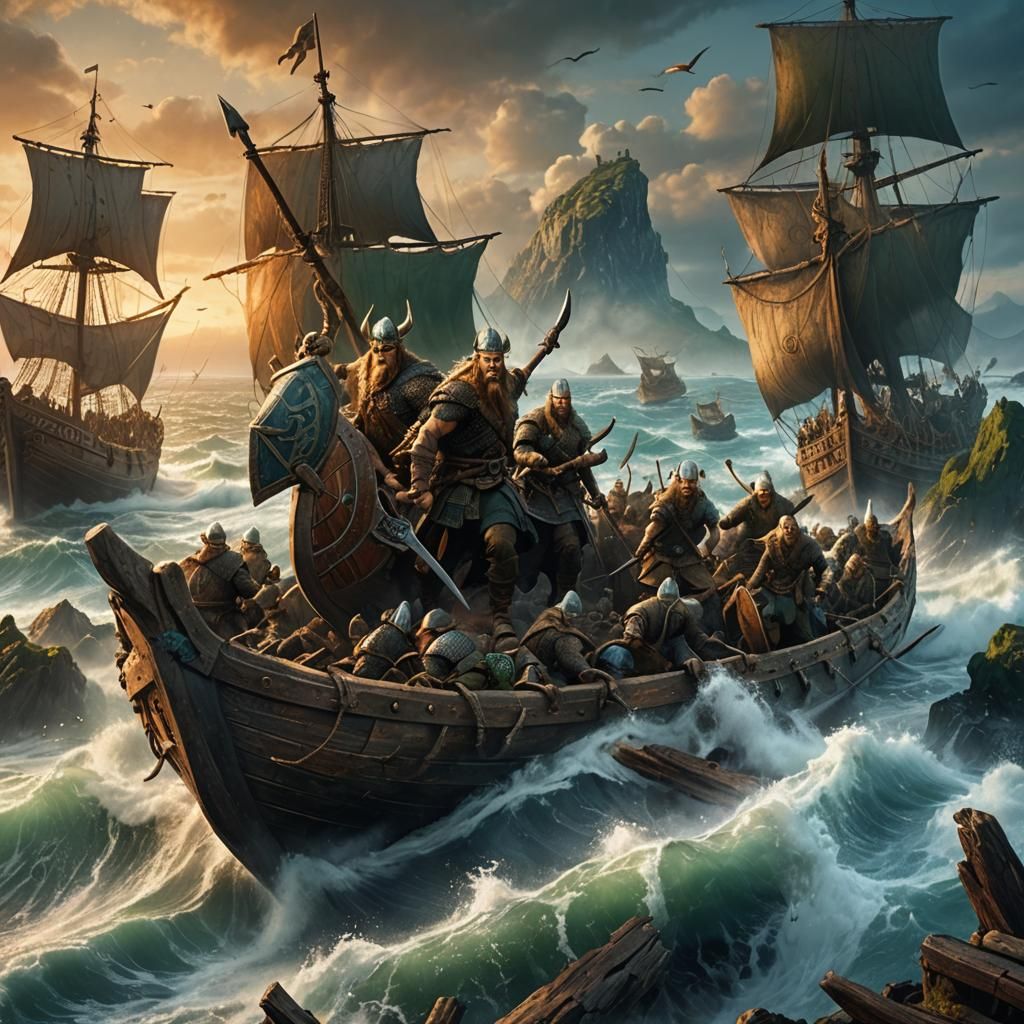 Viking Ship Approaching English Shore in Digital Painting