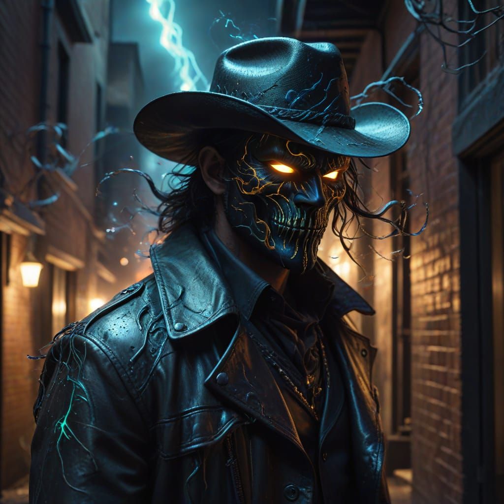 Dark Cowboy Demon in Ominous Alley: Oil Painting