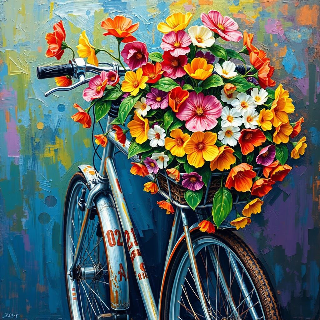 Bicycle with Flowers in Neo-Impressionist Oil Painting Style