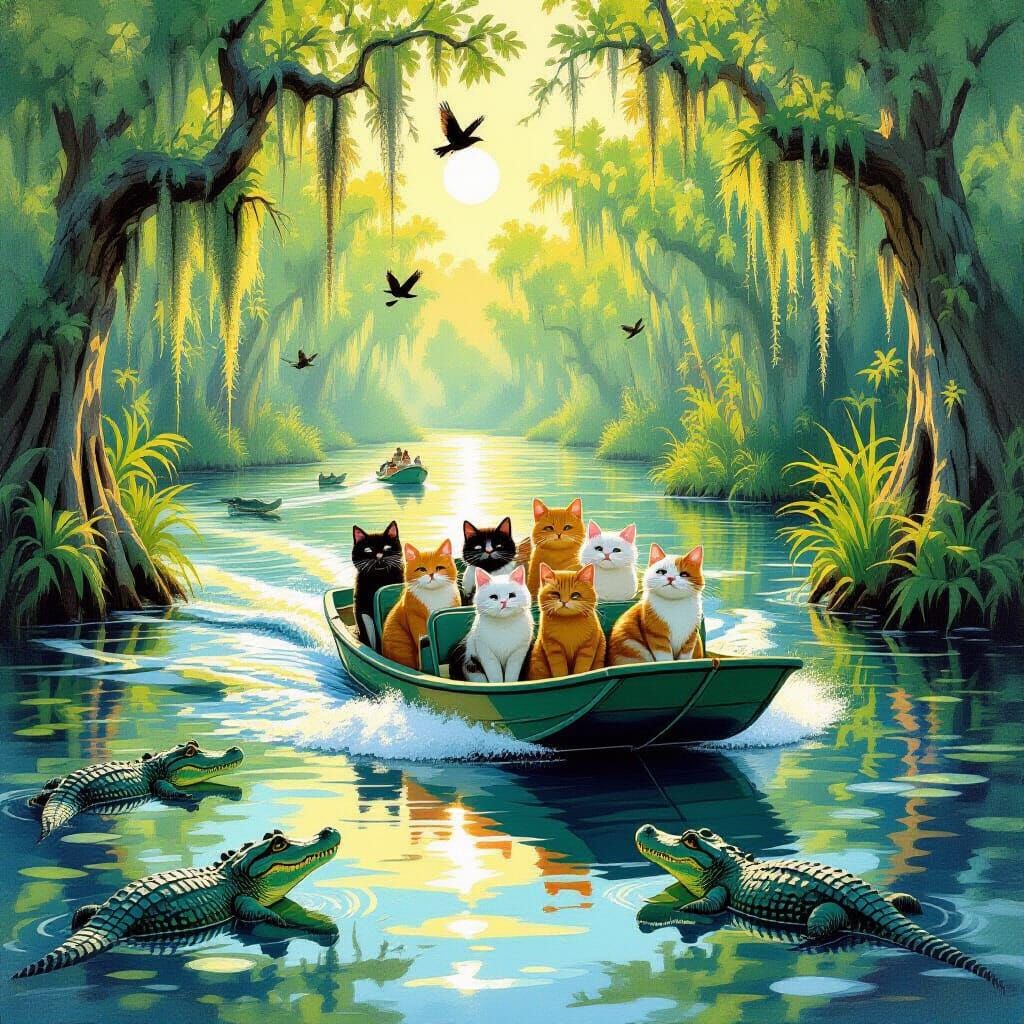 Cats on an Everglades Airboat Adventure in Whimsical Style