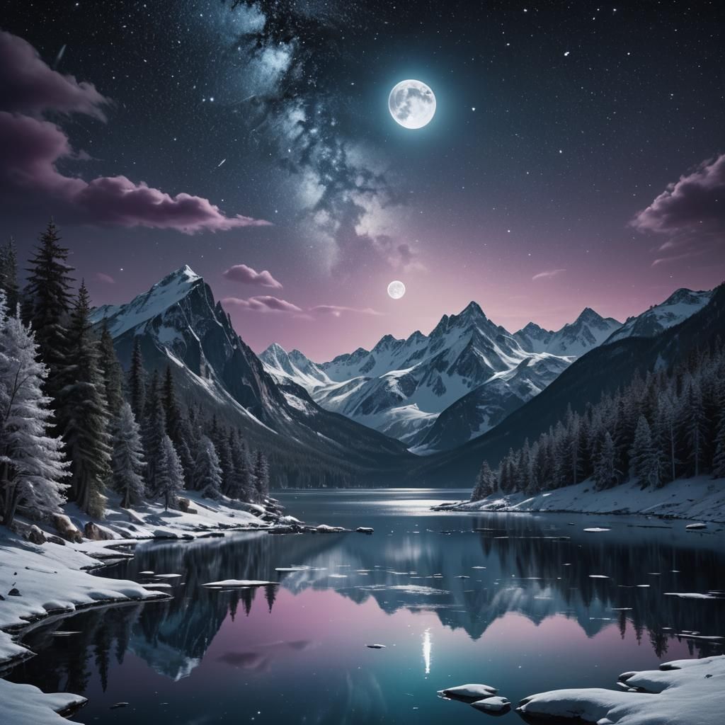 Snowy Mountains and Moonlight Lake Digital Painting