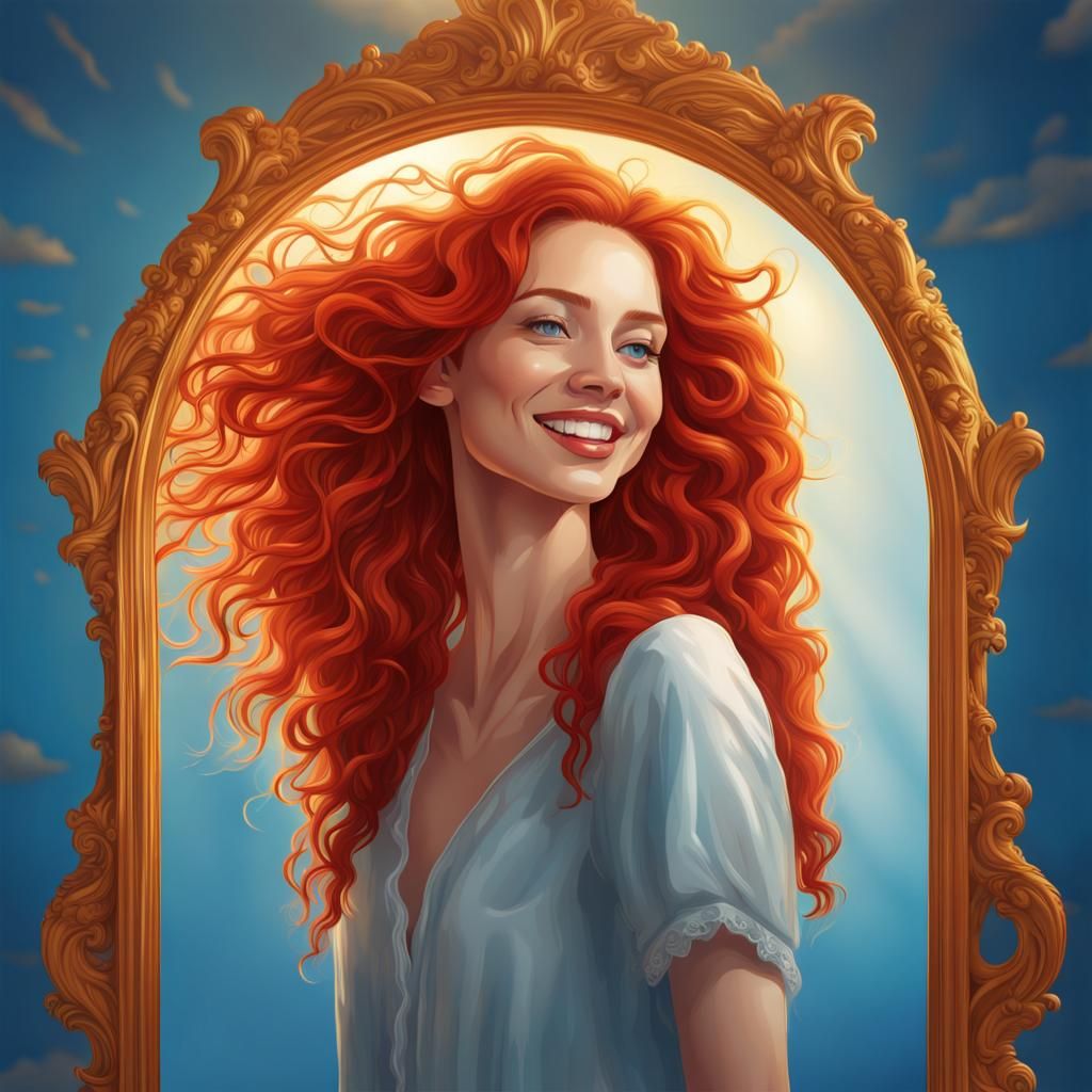 Woman with Red Hair and Mirrors: Fantasy Vector Art