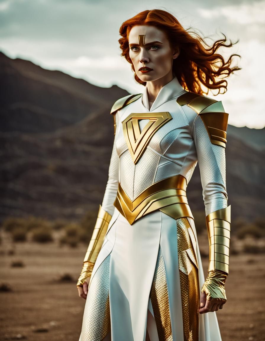 Kryptonian Superheroine in White and Gold Suit