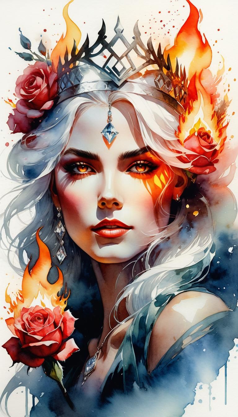 Diamond Fire Queen Portrait in Watercolor Style