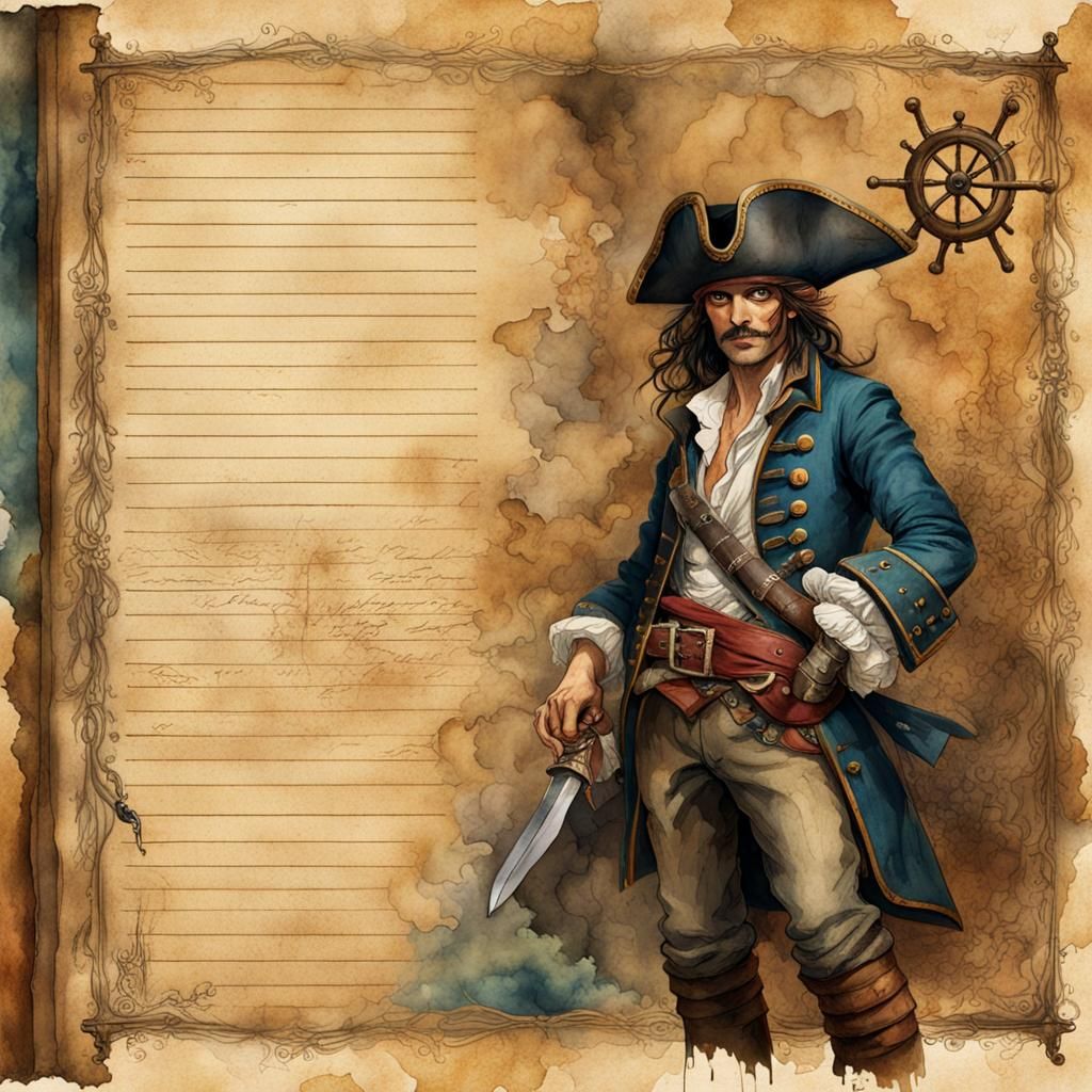 Pirate Portrait with Journal and Map in Watercolor Style