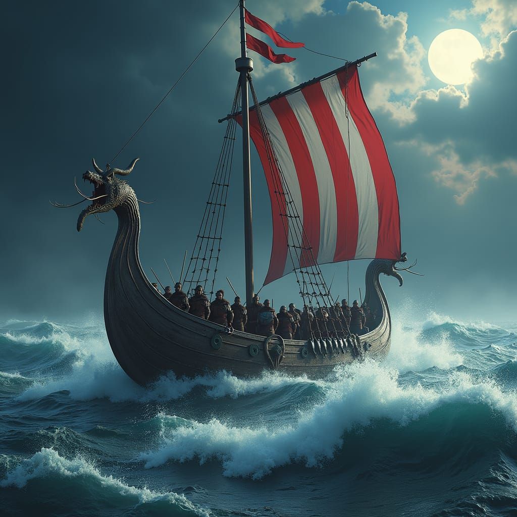 Viking Longboat Amidst Stormy Seas