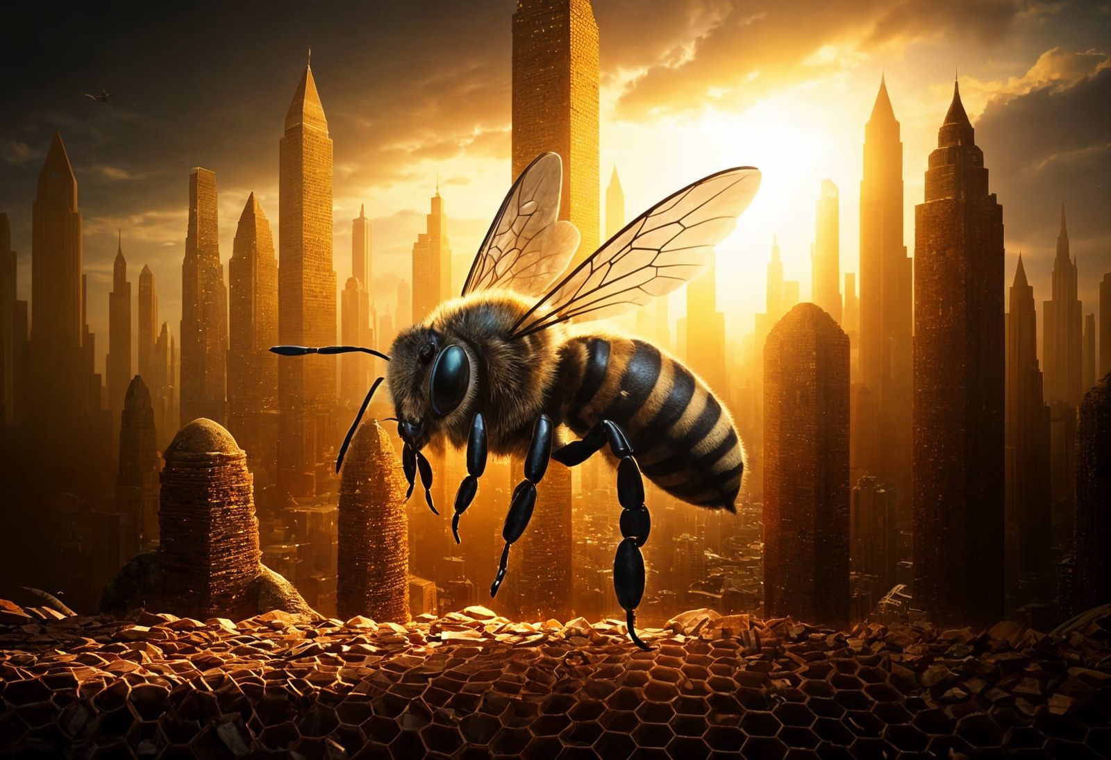 Surreal Cityscape of Honeycomb Skyscrapers Illuminated by Go...