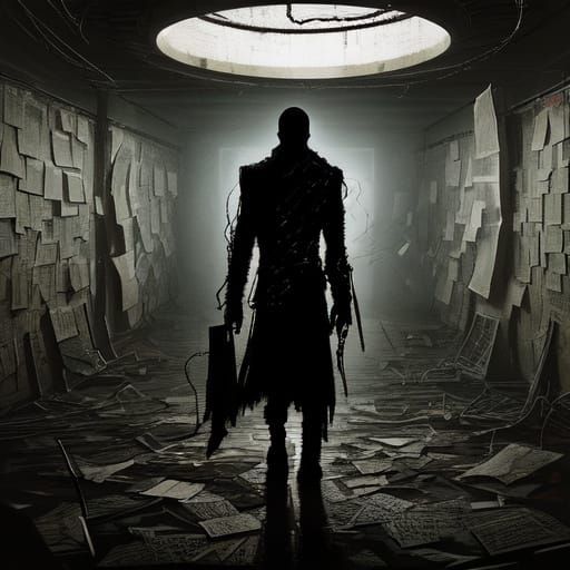 Lone Figure in Dimly Lit Room with Cryptic Symbols