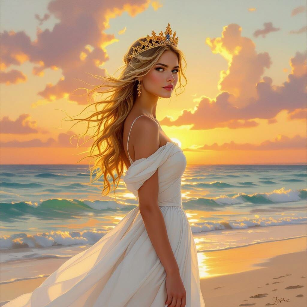 Princess Gazes at Sunset on Caribbean Beach in Oil Painting ...