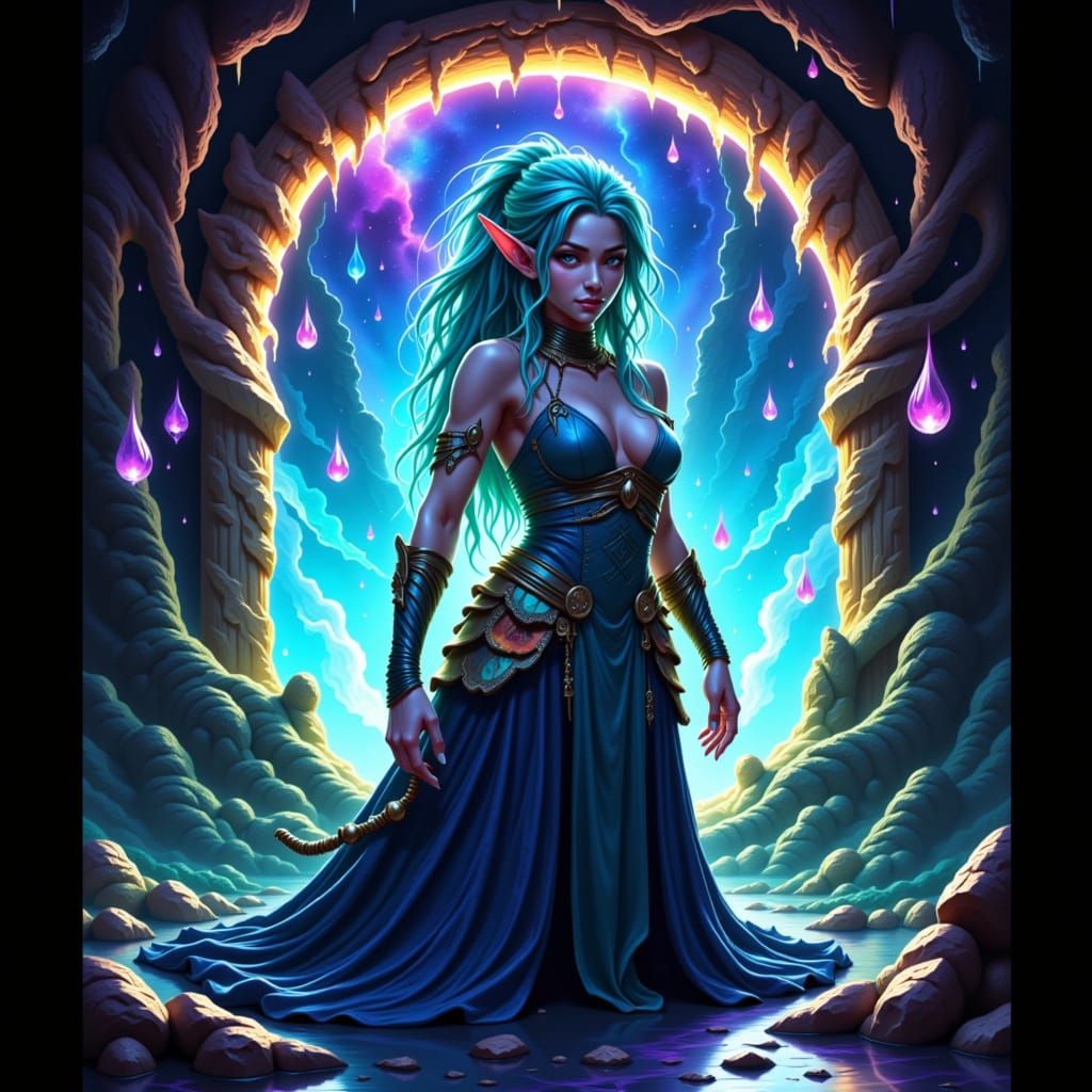 Drow Elf Posing Before Magic Portal in Anime Style