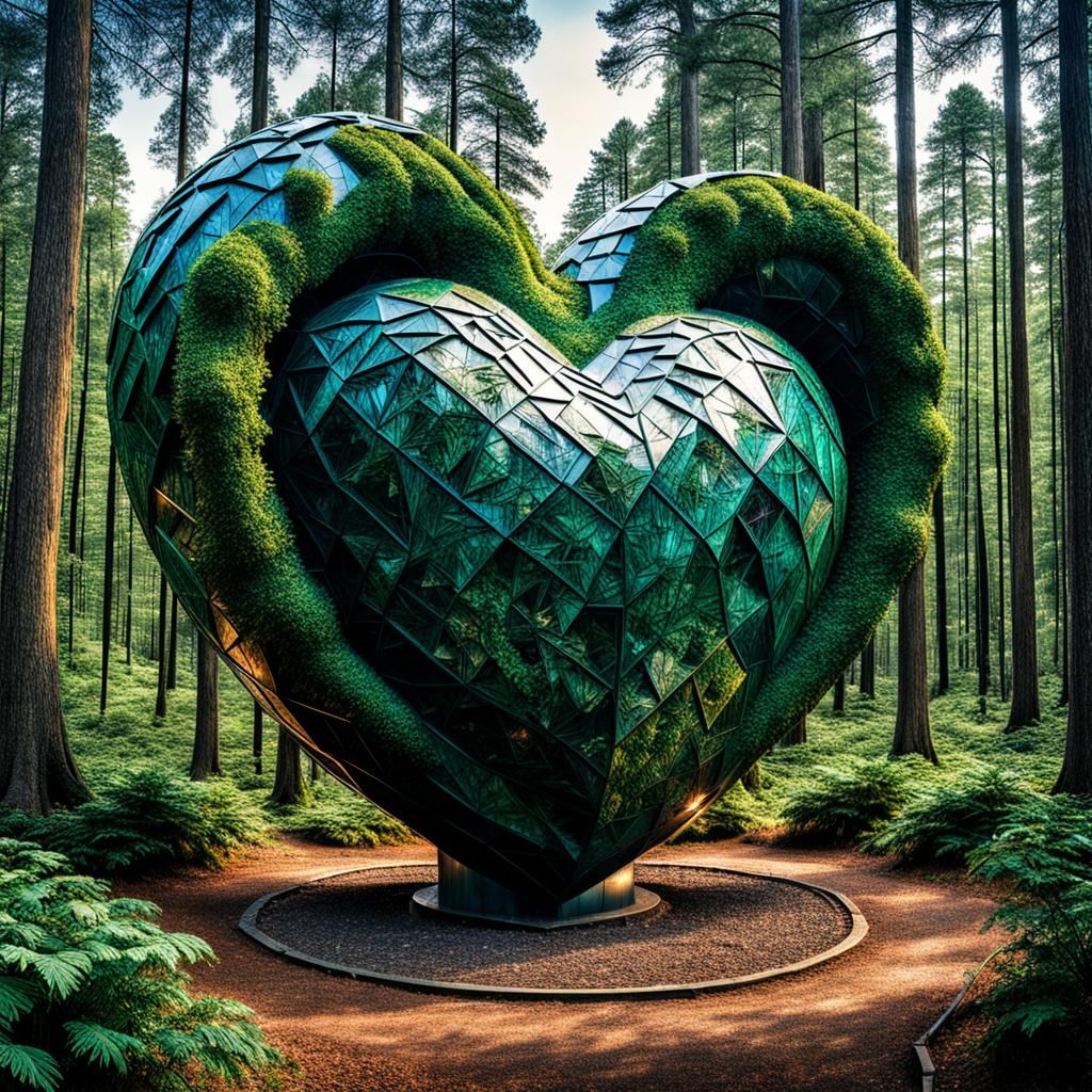 A giant global heart-shaped statue in a forest.