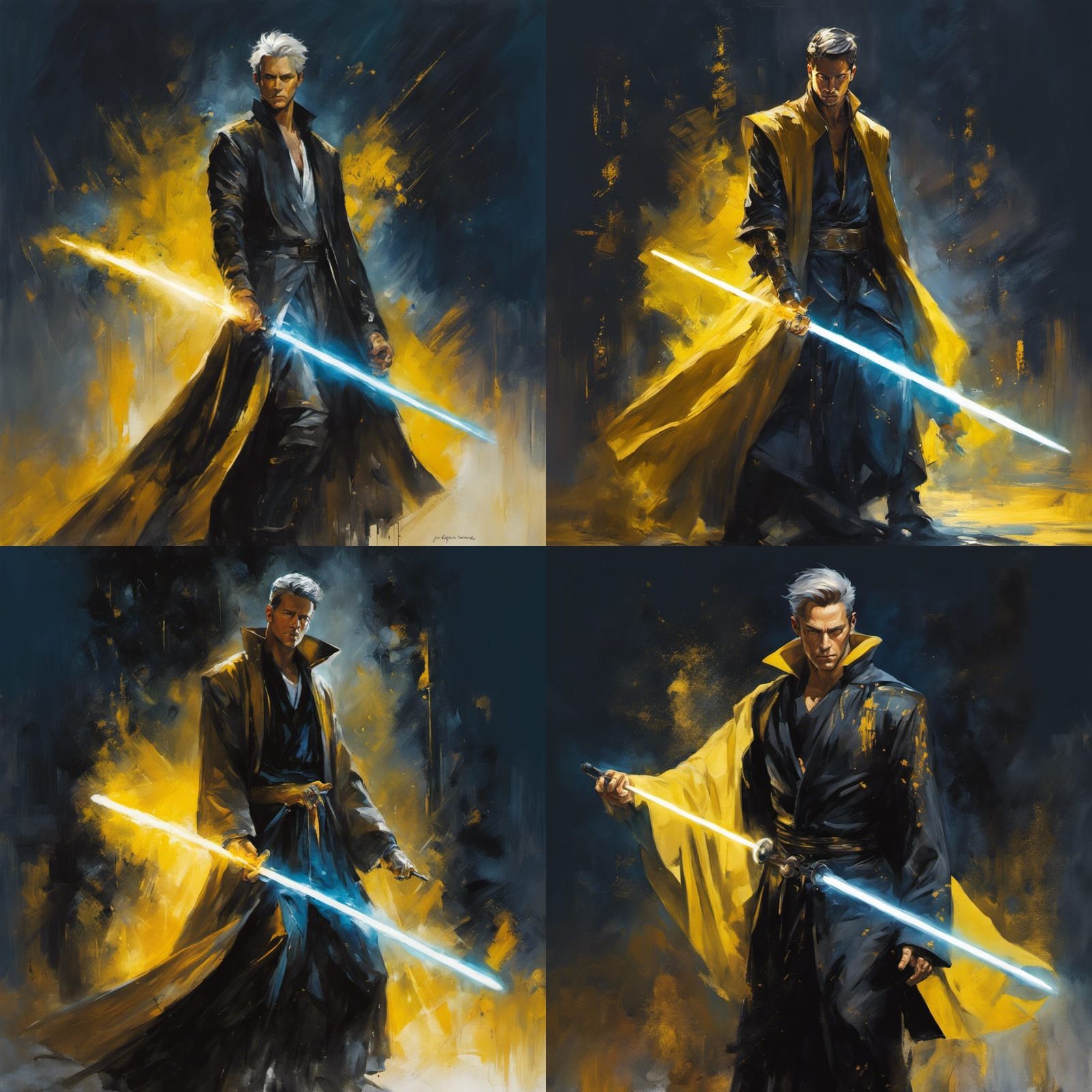 full body portrait of Nate Grey the X-Man as a Jedi Knight, holding yellow lightsaber, deep colour, midnight blue gold-e...