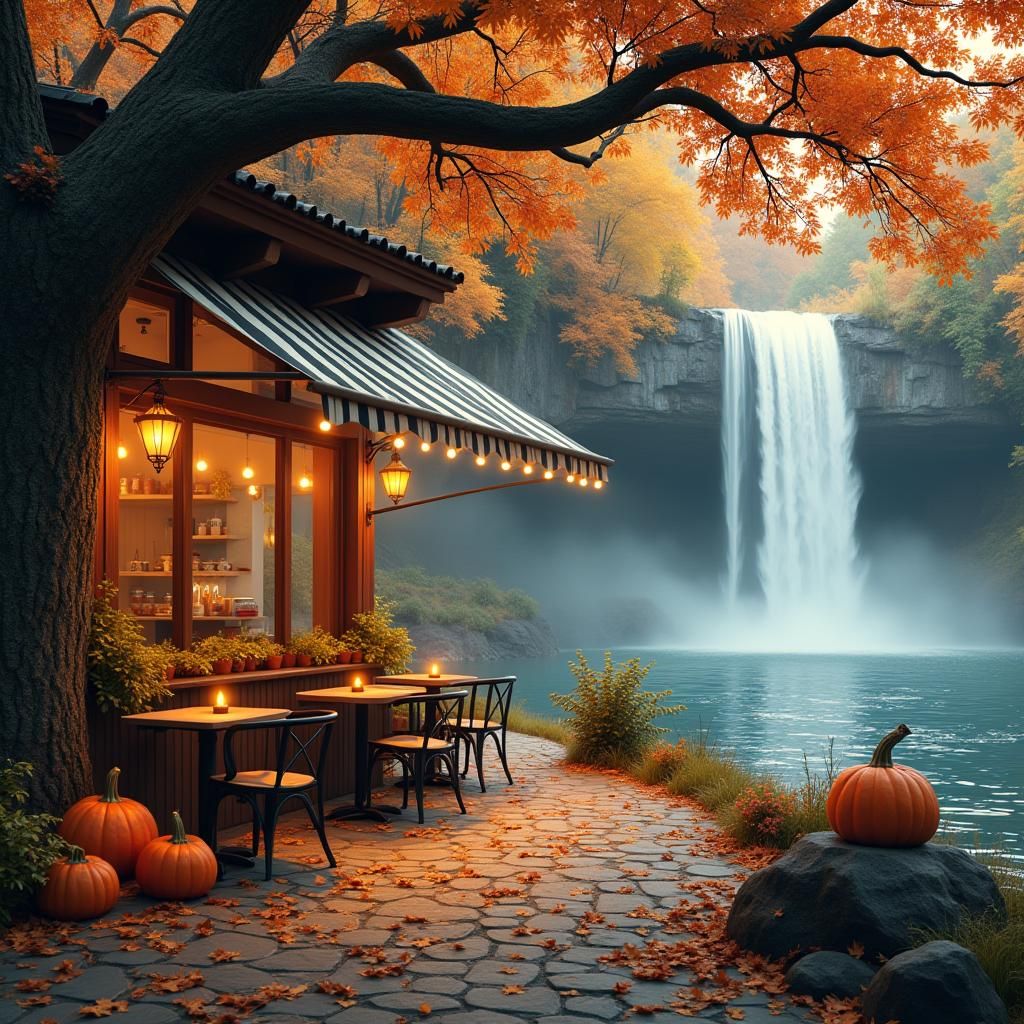 Autumn Coffee Shop by Waterfall: Hyperrealistic Digital Art