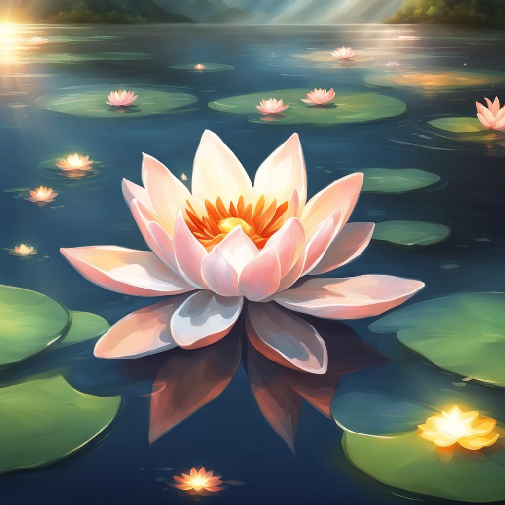 Koi and Lotus Pond with Halo Sun Effect