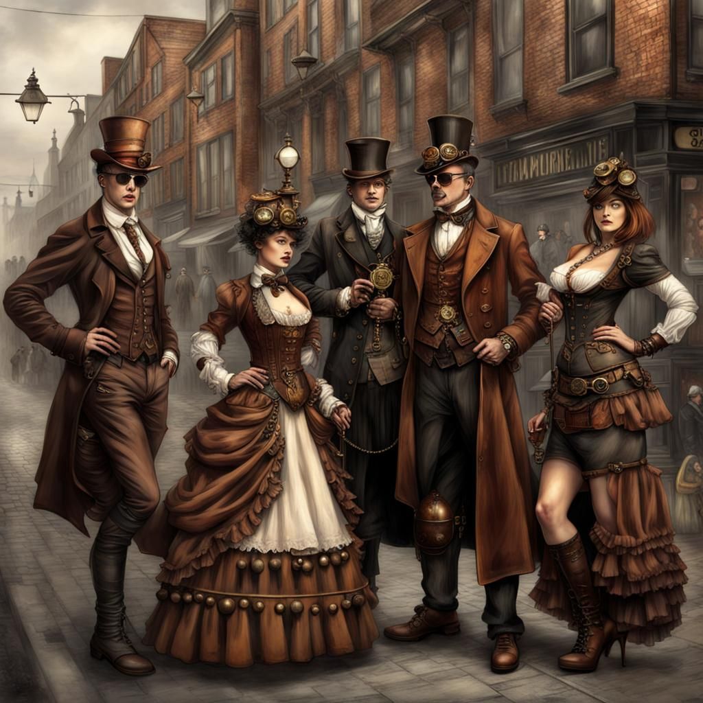 Steampunk Street Scene with Lords and Ladies