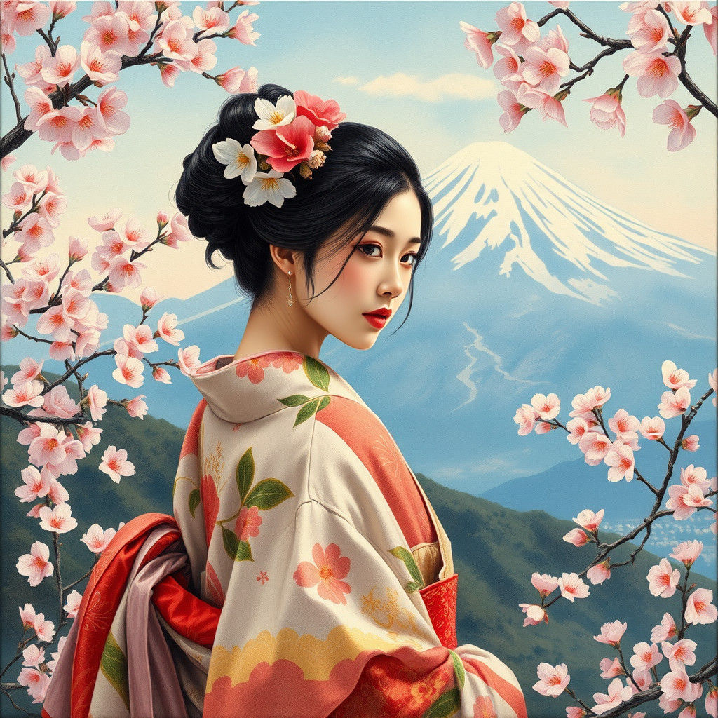 Kimono Beauty at Mount Fuji in Impressionist Style