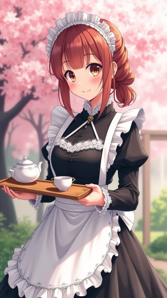 Anime Girl in Maid Dress Serves Tea in Japanese Garden
